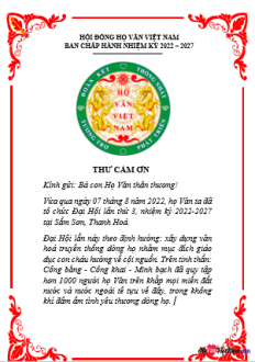 THƯ CẢM ƠN