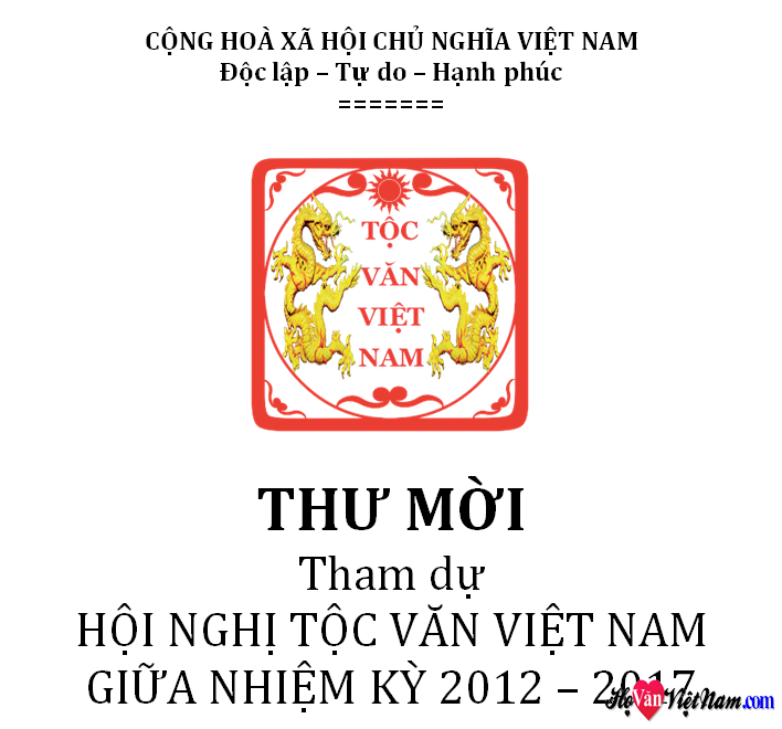 Thư Mời Hội Nghị Họ Văn Việt Nam giữa nhiệm kỳ 2012-2017